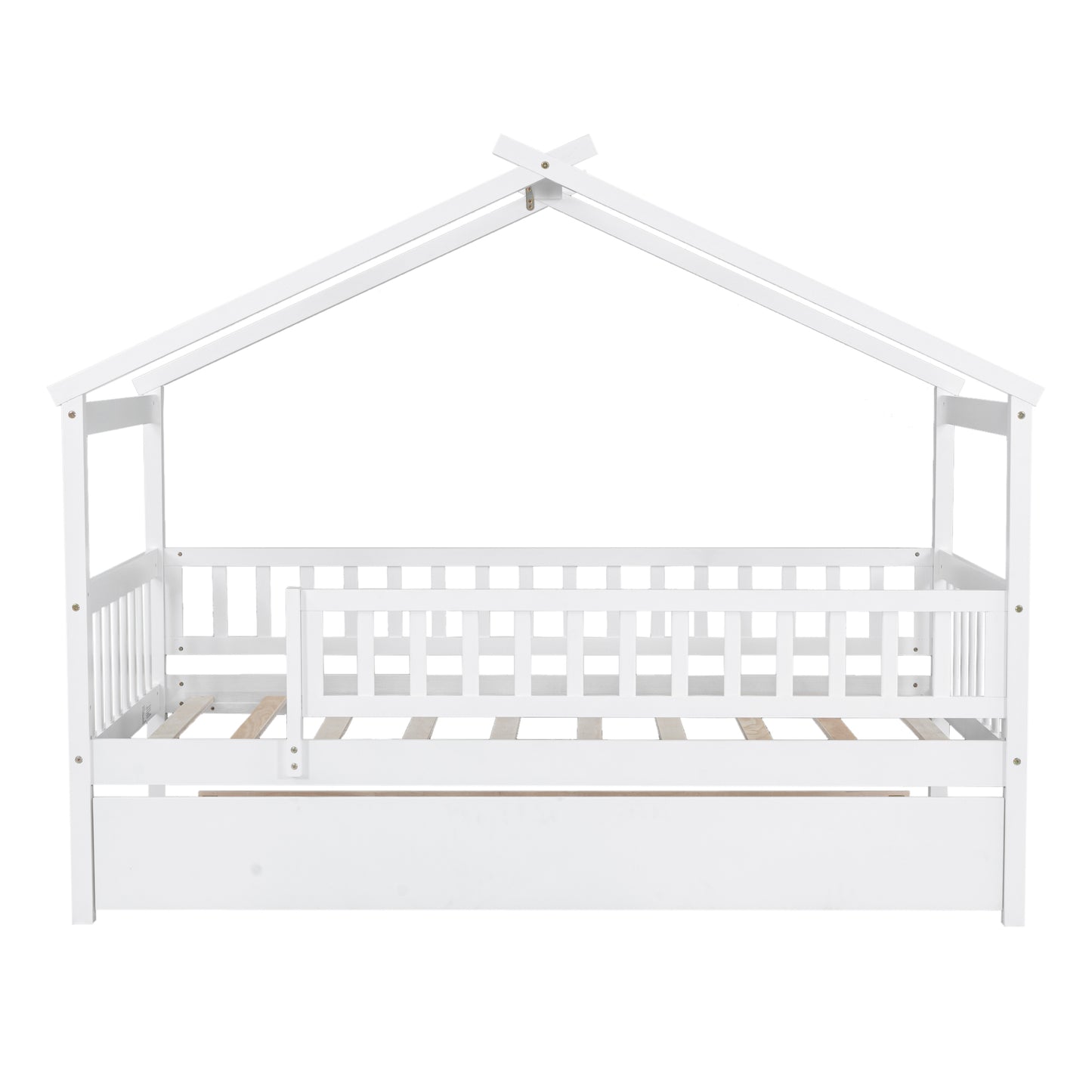 White wooden twin house bed with guardrails