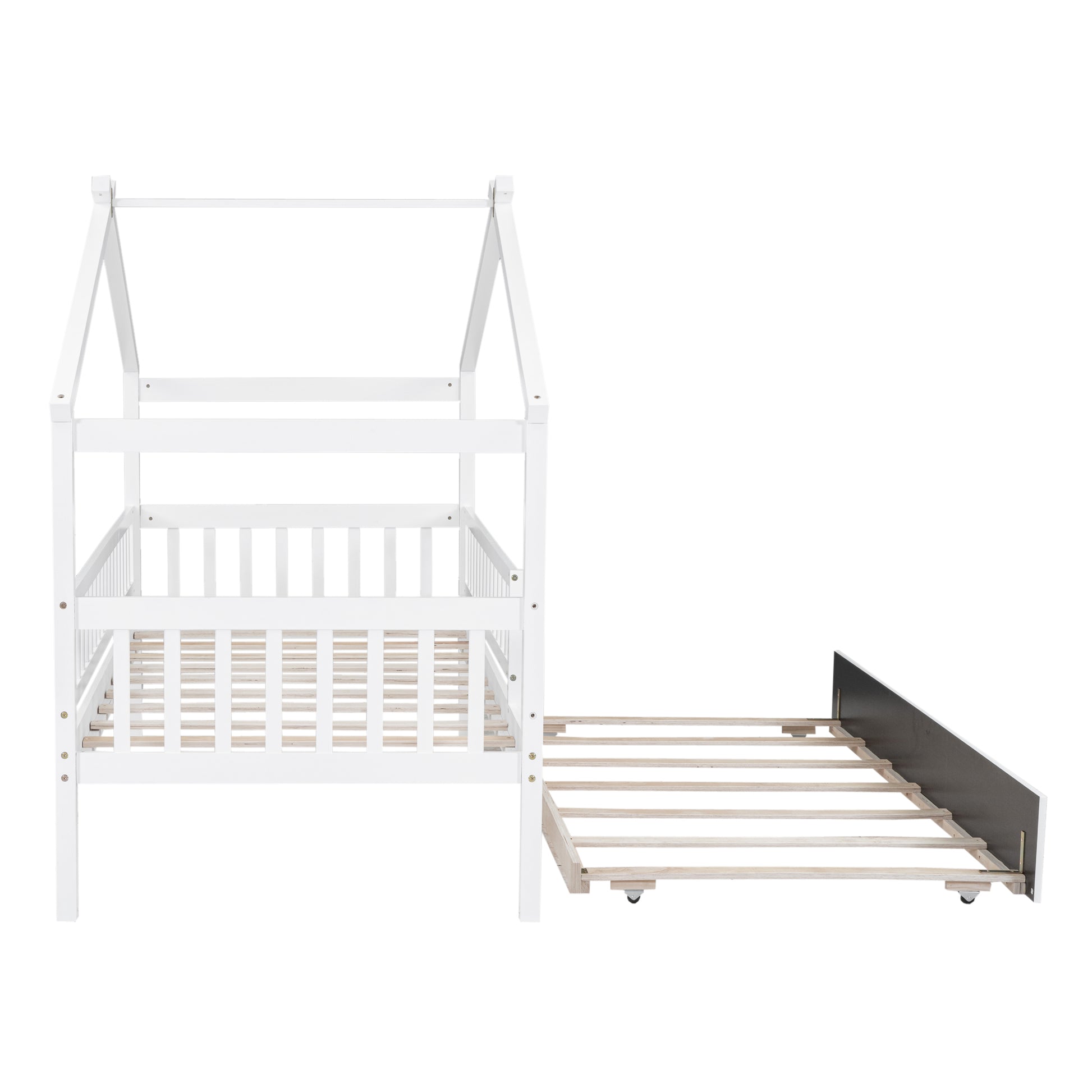 White wooden house bed frame with pullout trundle