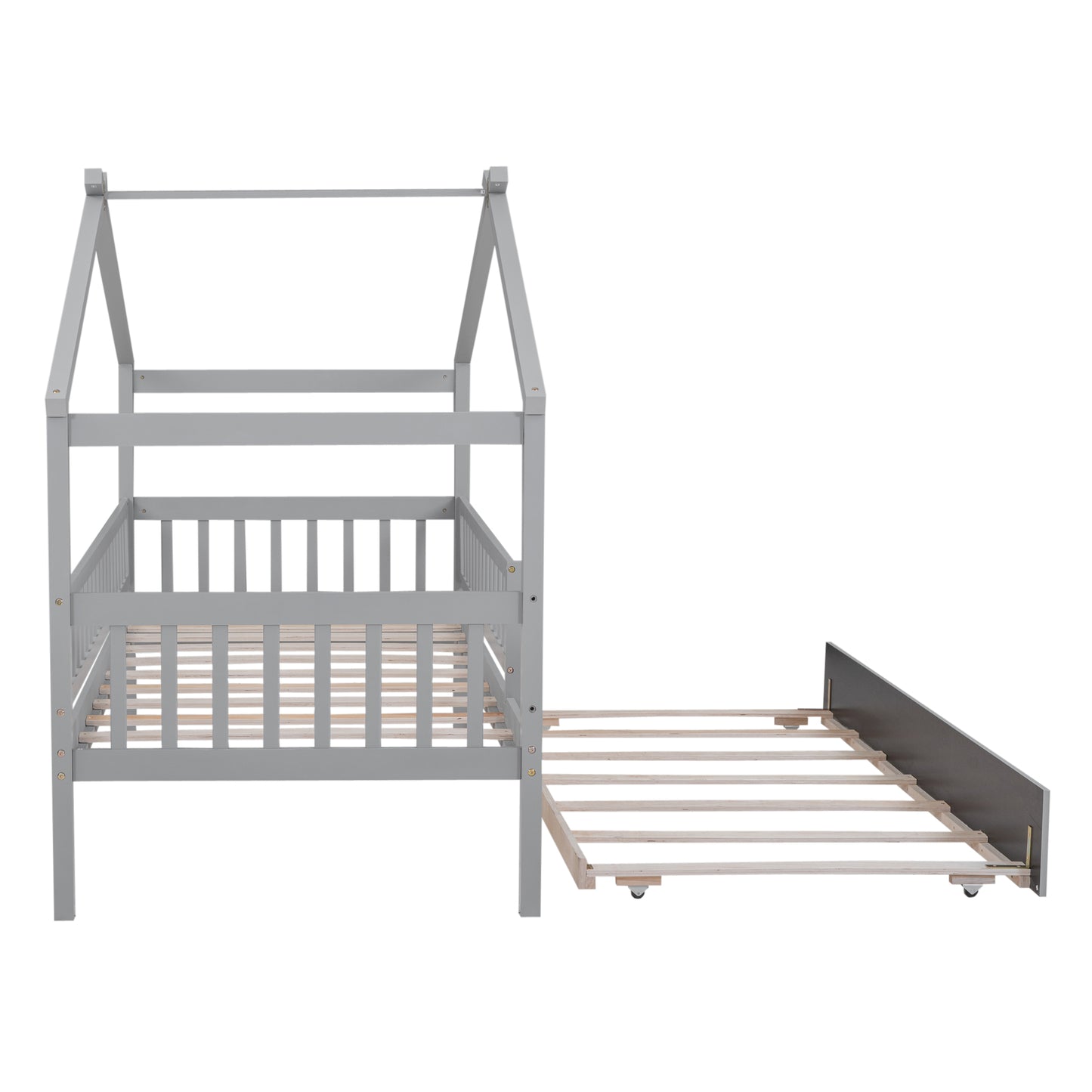 Gray wooden house bed frame with pullout trundle