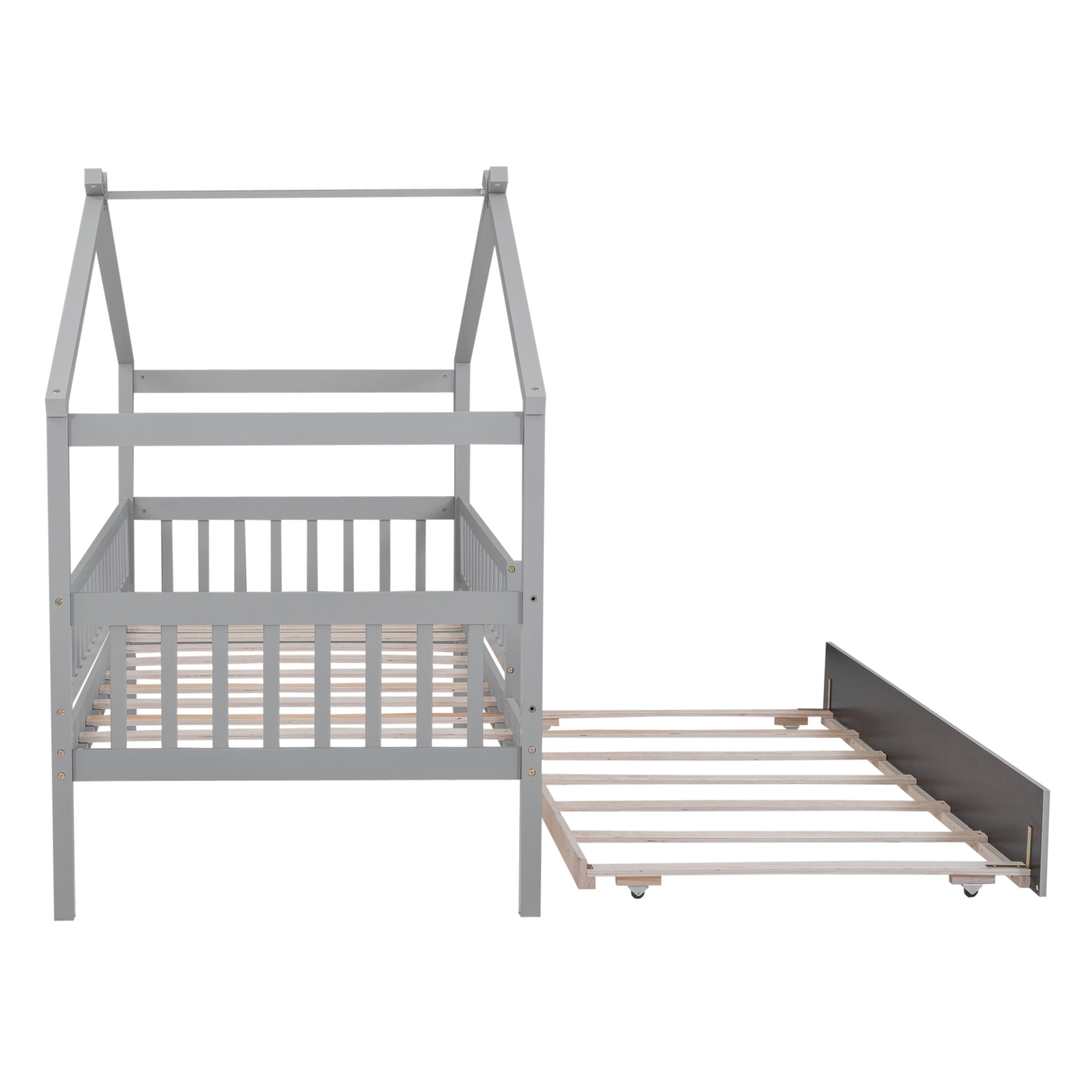 Gray wooden house bed frame with pullout trundle