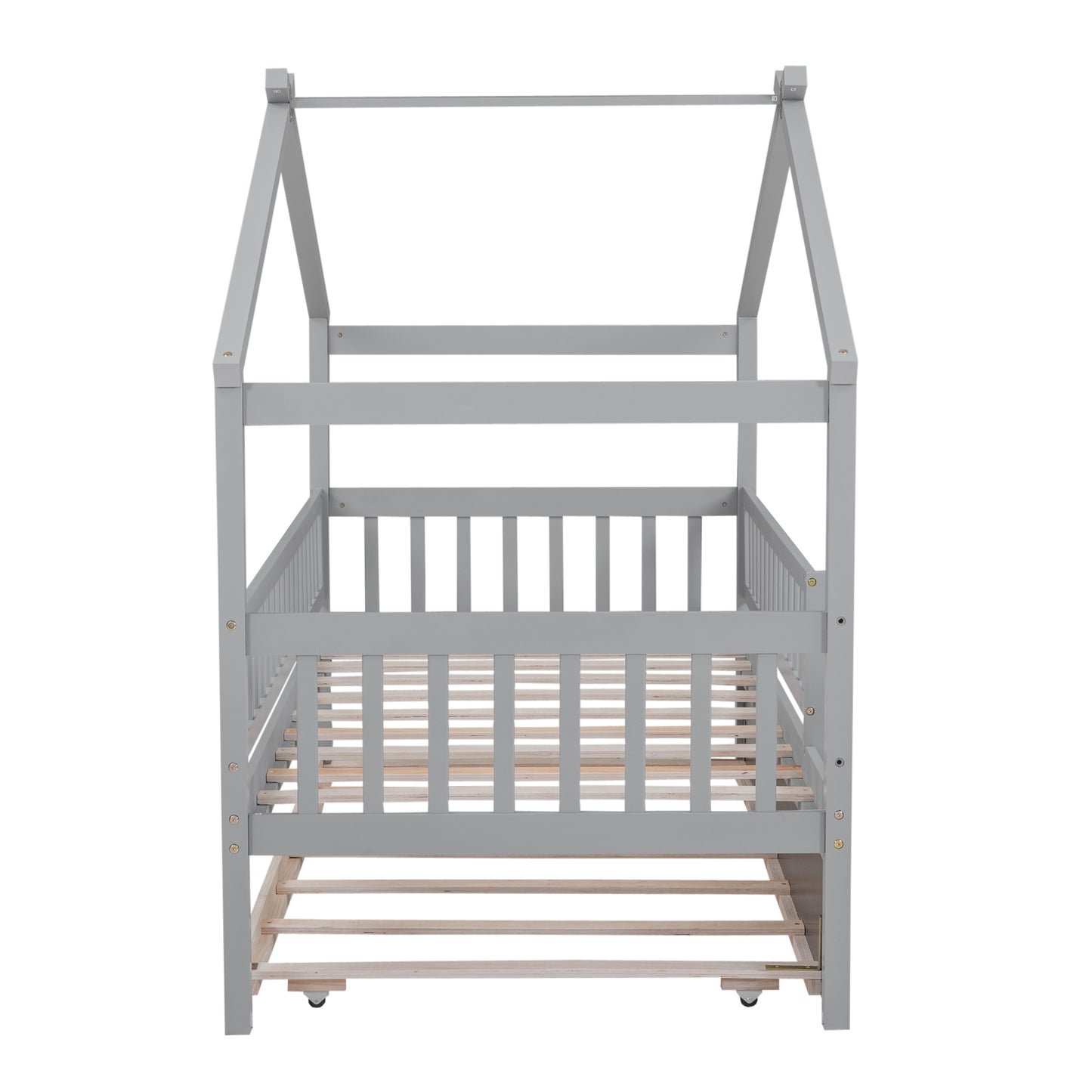 Gray wooden house bed frame with wooden slats