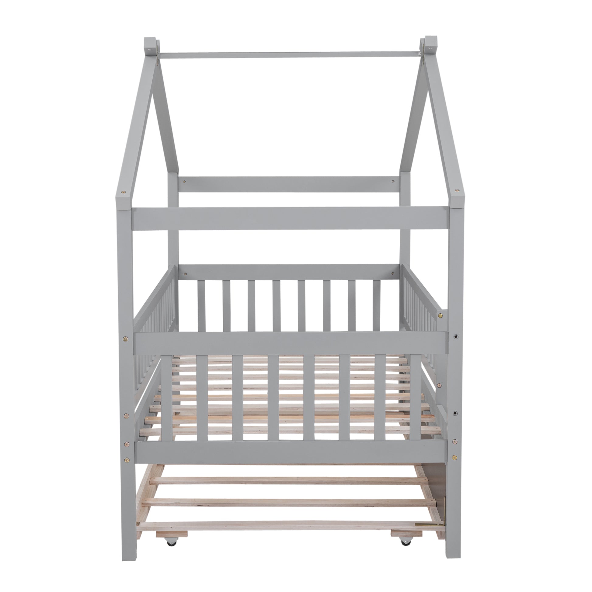 Gray wooden house bed frame with wooden slats