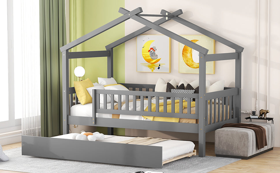 Gray wooden house bed with pullout trundle