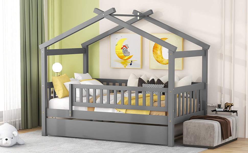 Grey wooden house bed frame with pullout drawer and mattress