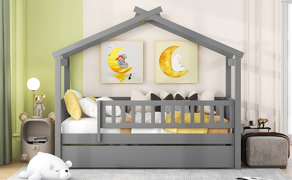 Gray wooden twin house bed frame with guardrails