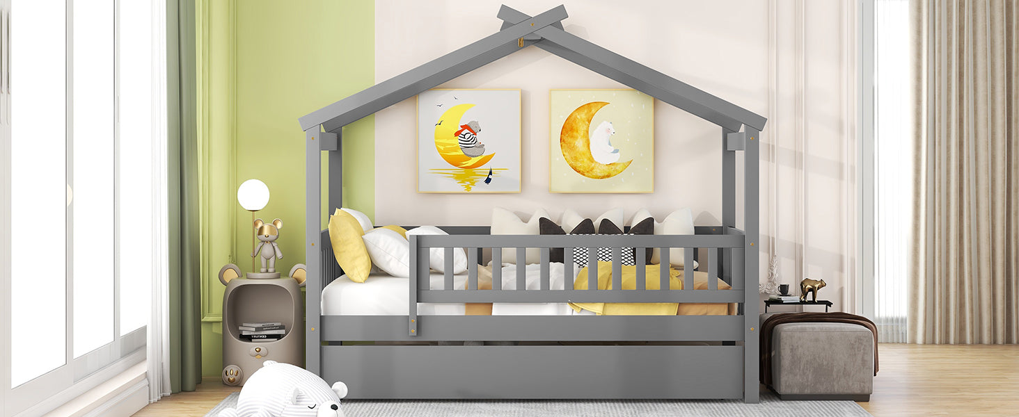 Gray wooden house bed frame with white bedding and yellow pillows