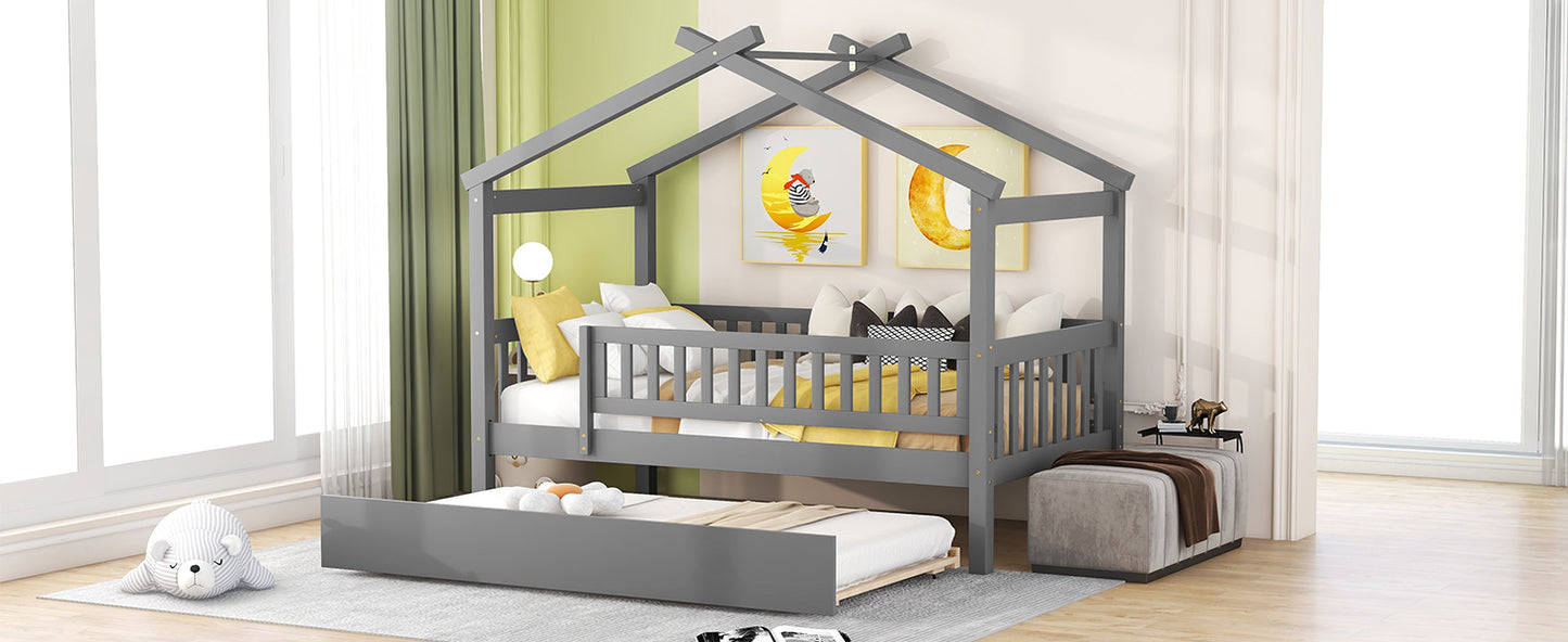 Gray wooden house bed frame with pullout trundle for kids