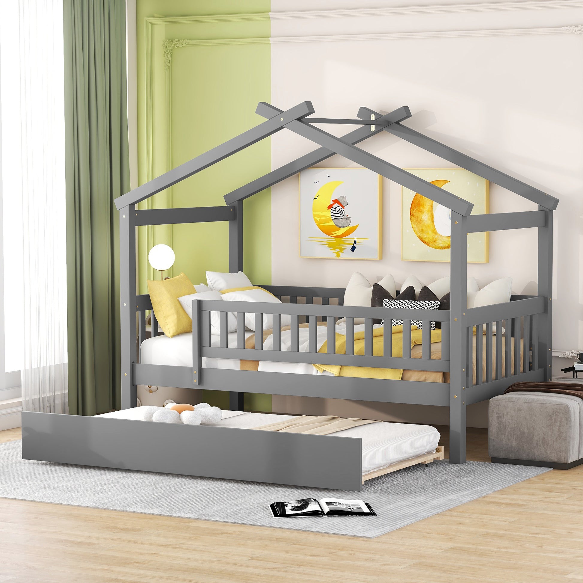 Gray wooden twin house bed with pullout trundle
