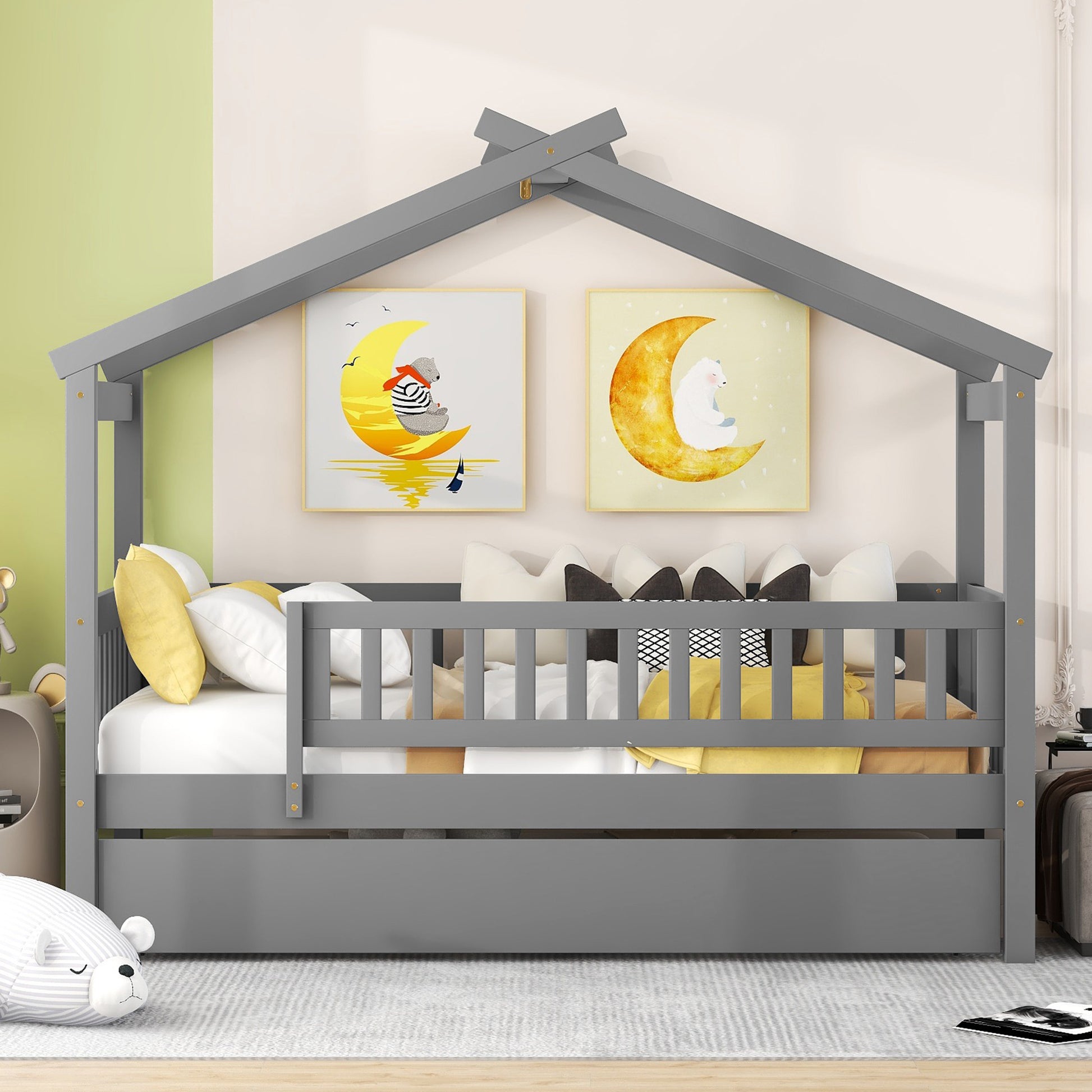 Grey wooden house bed frame with pullout trundle and guard rails for childs room
