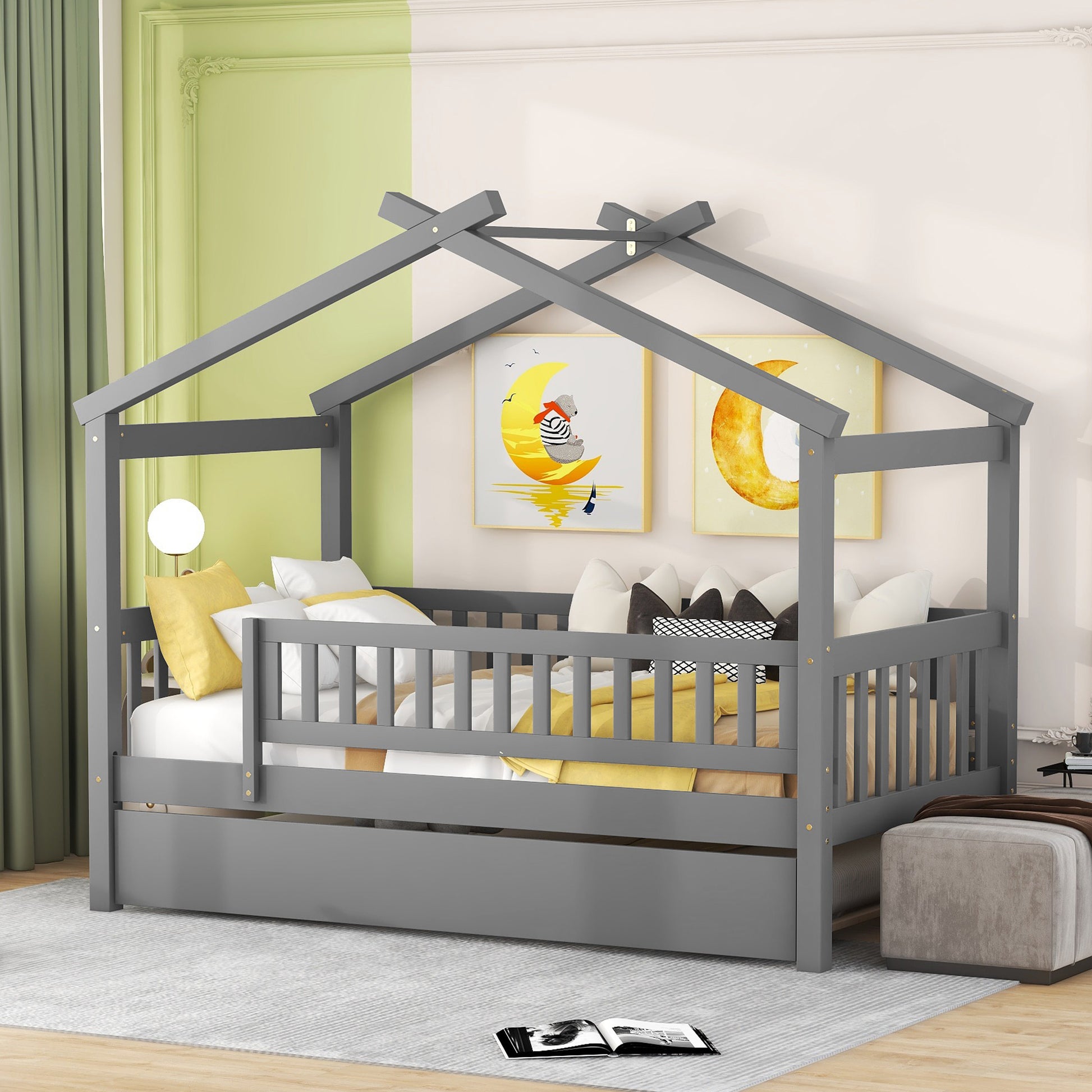 Grey wooden twin house bed with pullout trundle
