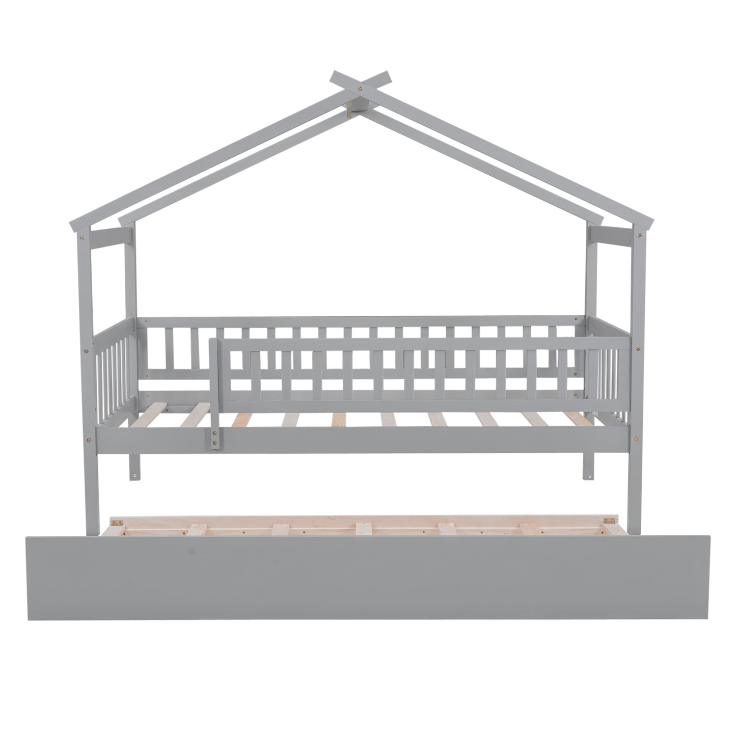 Gray wooden house bed frame with safety rails and pullout trundle