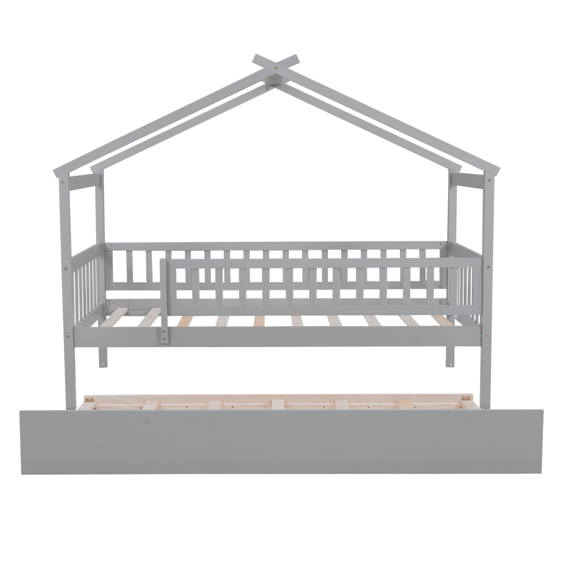 Gray wooden house bed frame with safety rails and pullout trundle