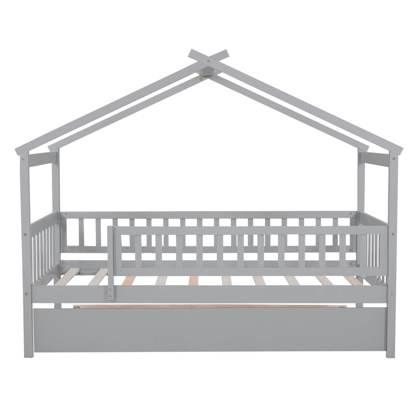 Gray wooden house frame bed with safety rails