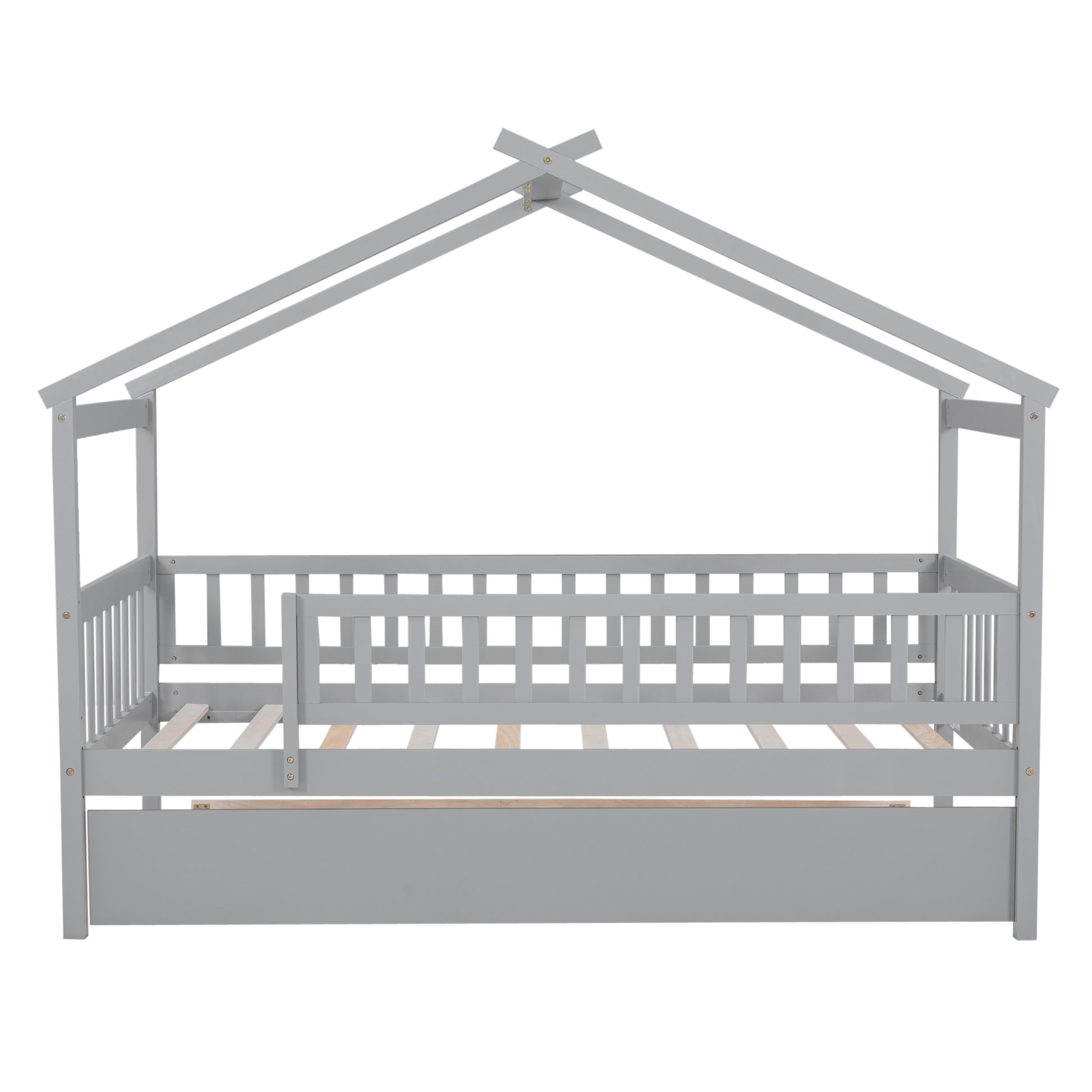 Gray wooden house frame bed with safety rails