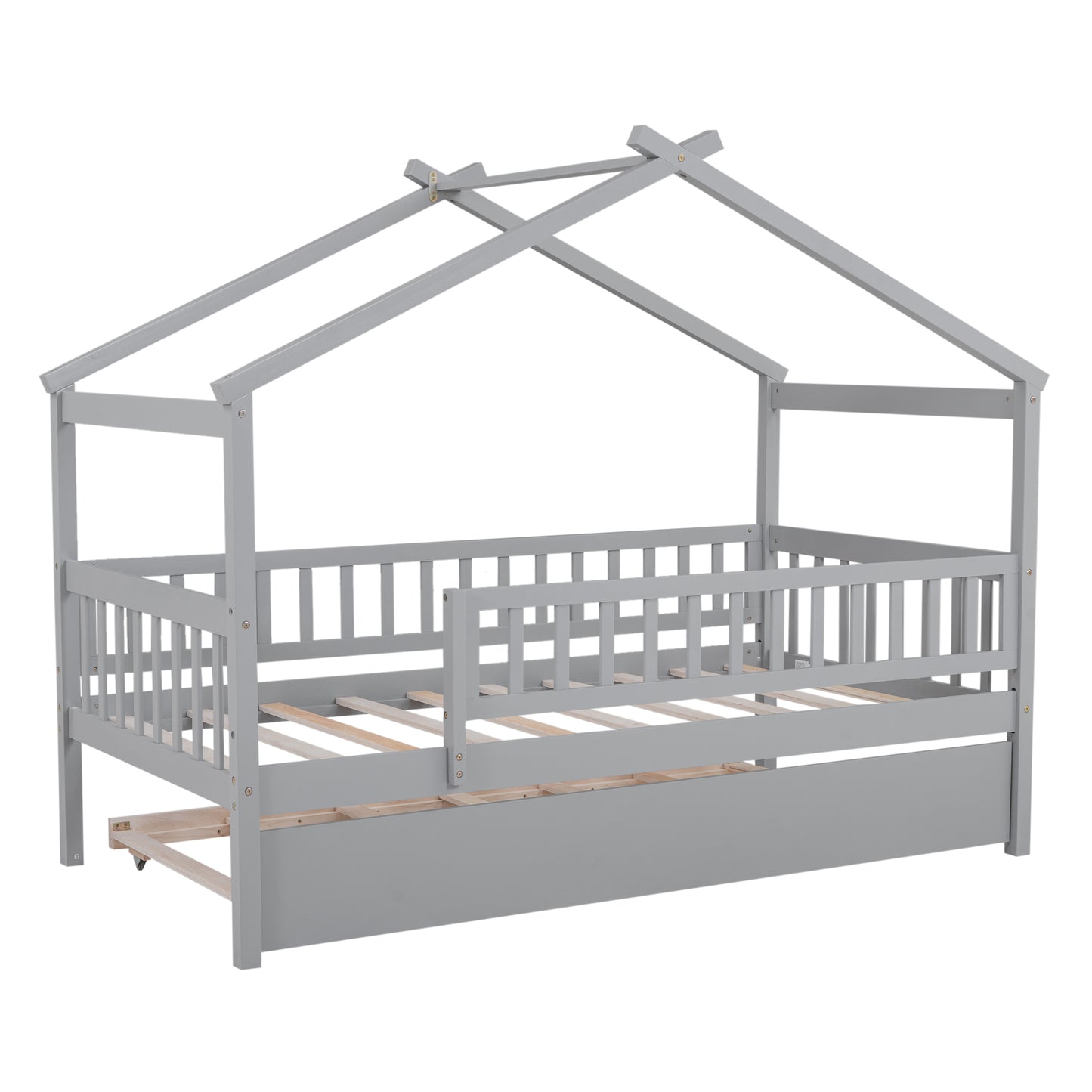 Gray wooden house bed frame with pullout trundle