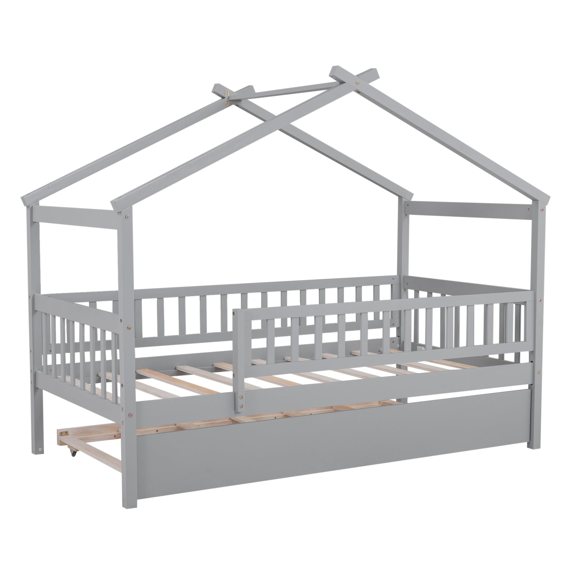 Gray wooden house bed frame with pullout trundle