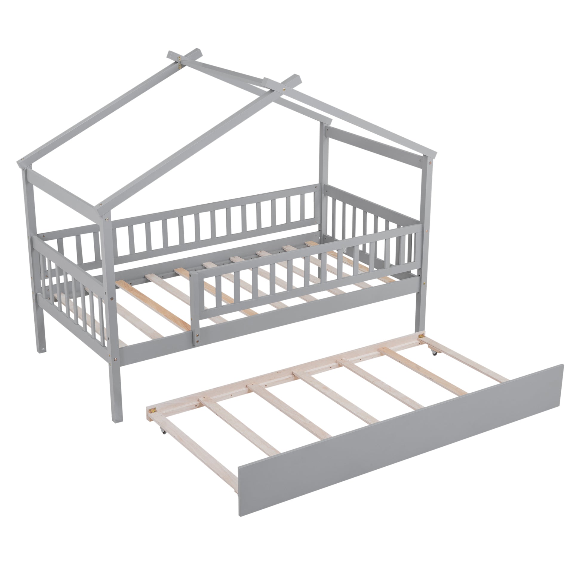 Gray house bed frame with trundle