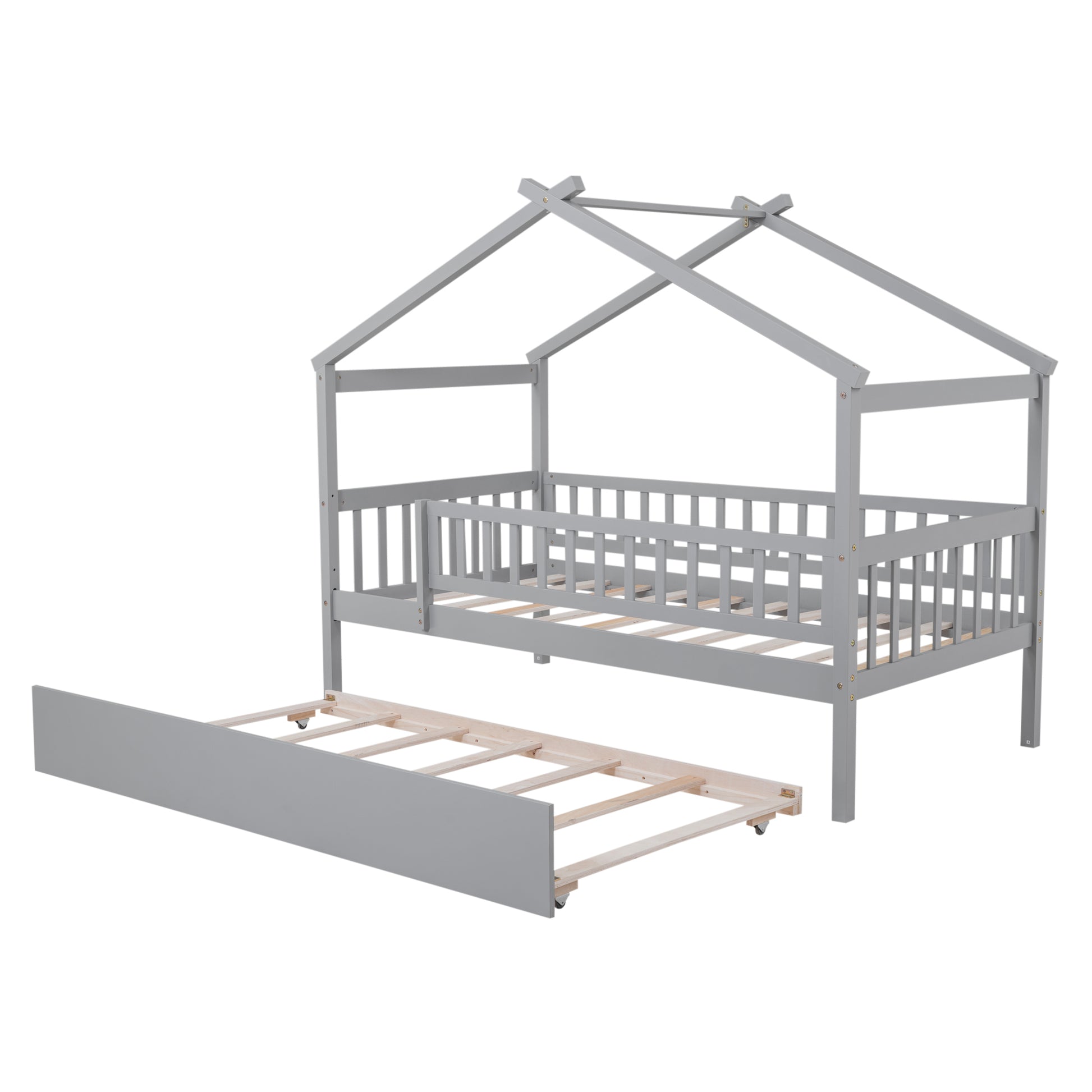Grey wooden house bed frame with pullout trundle drawer