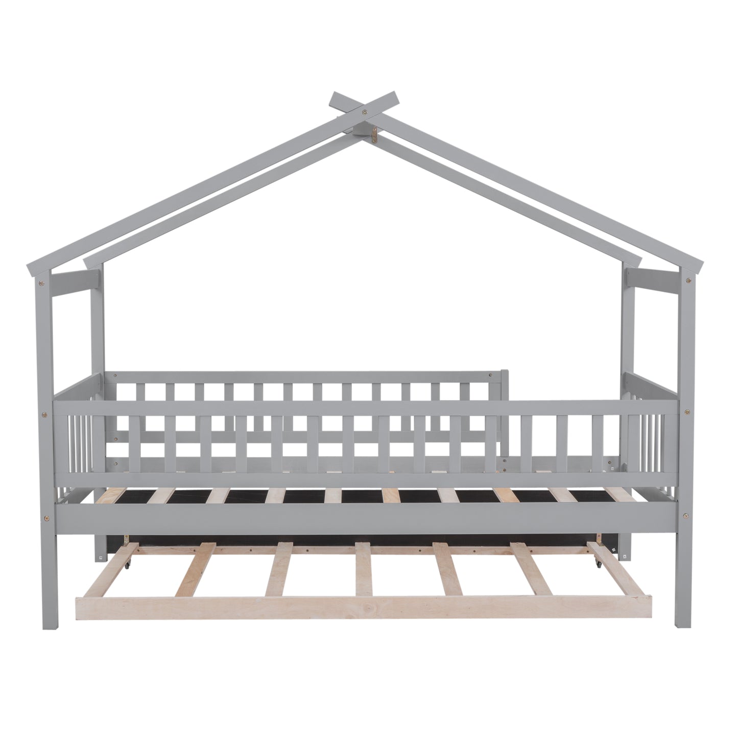 Grey wooden house bed frame with slatted rails and pullout trundle