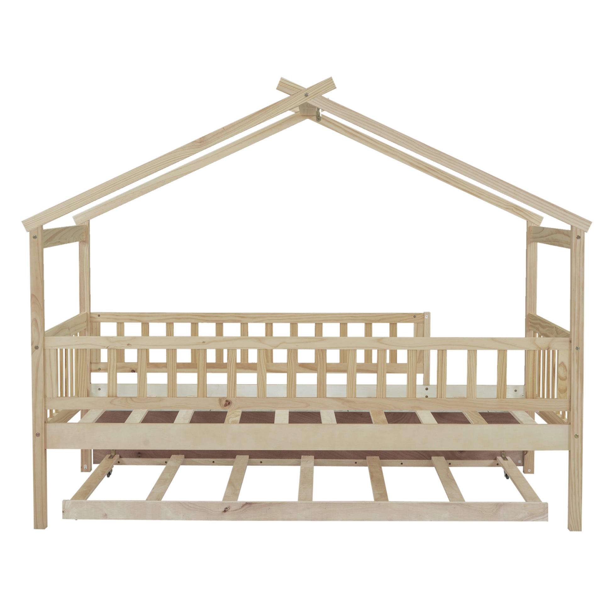 Natural wood house bed frame with pullout trundle