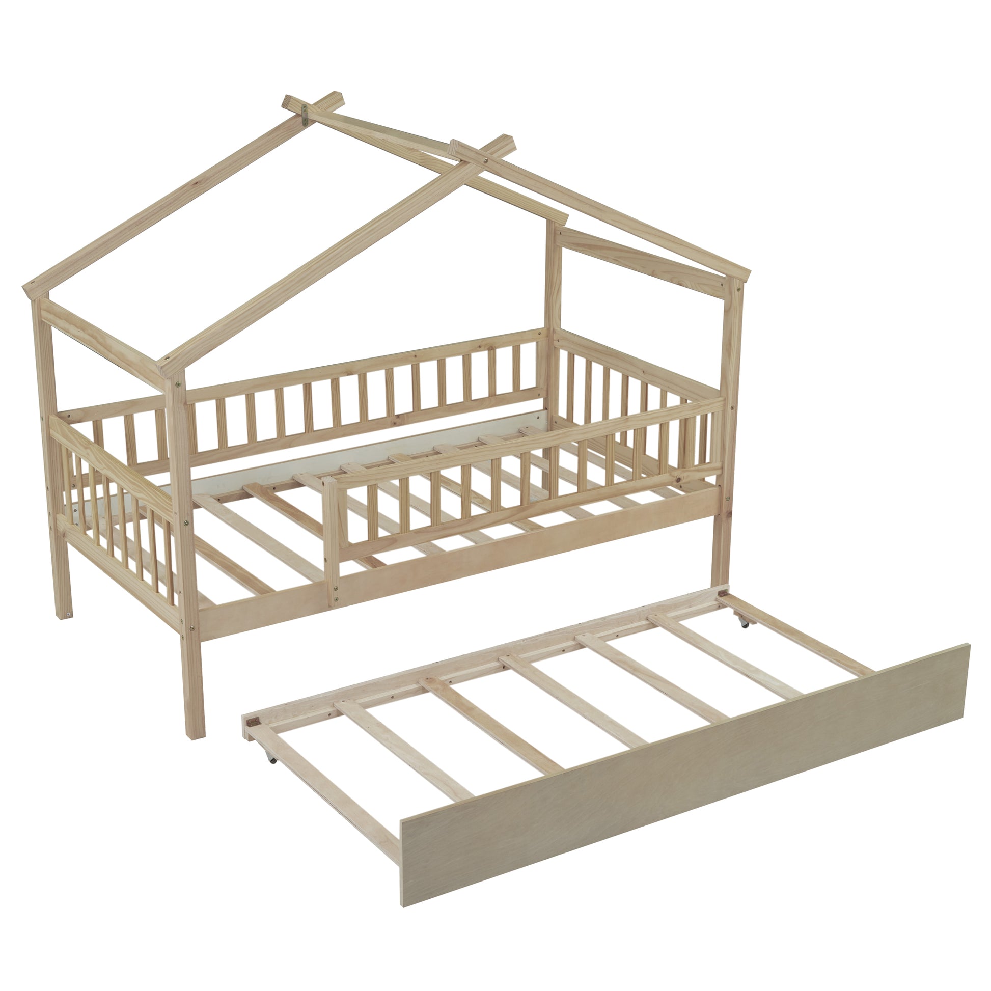 Natural wood house bed frame with pullout trundle