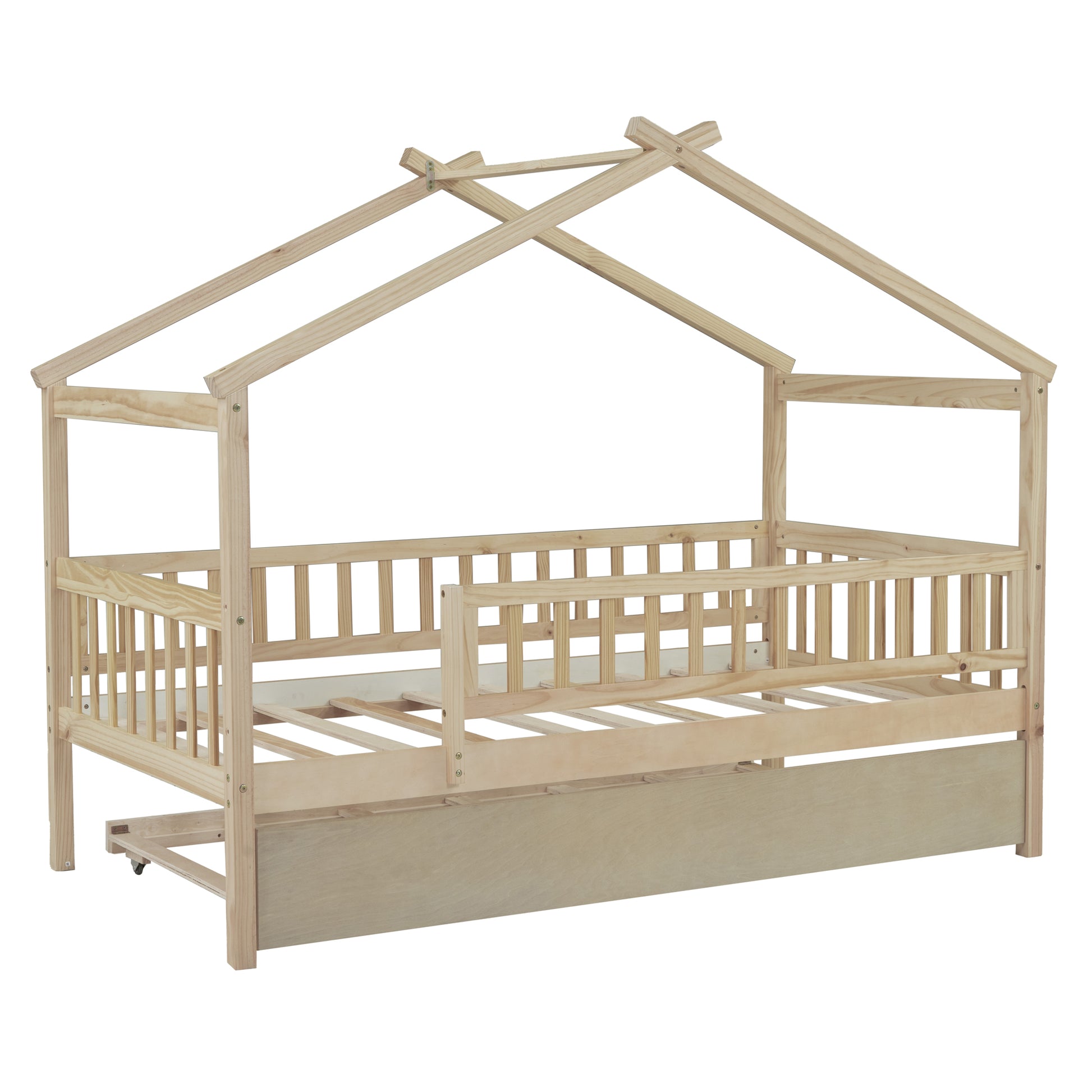 Natural wood twin house bed frame with guardrails and pullout trundle