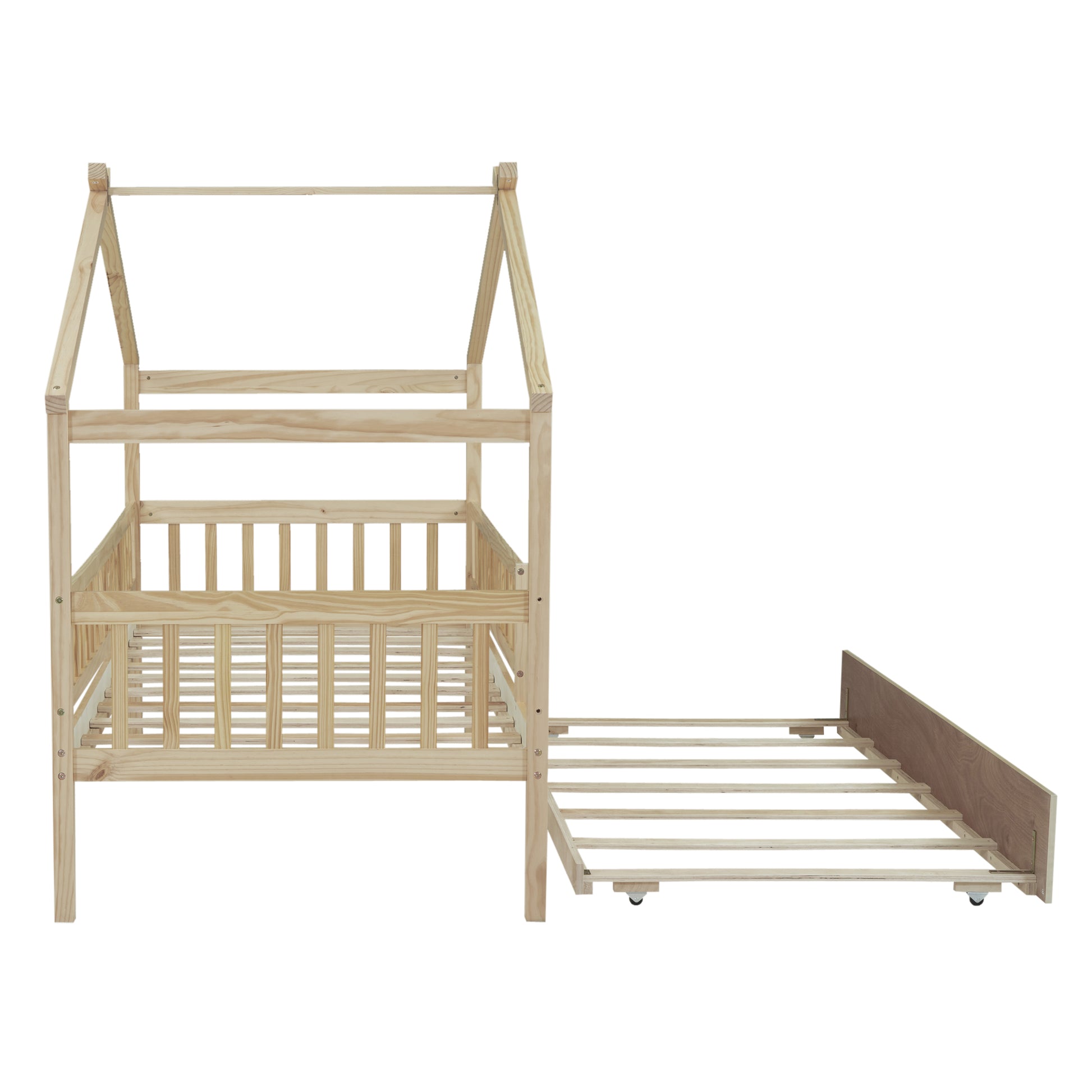Natural pine wood kids house bed with slatted guardrails and pullout trundle