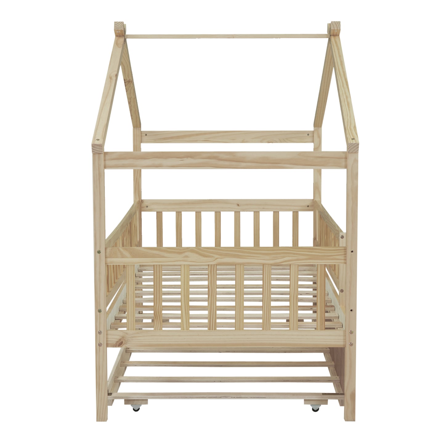 Natural wood house bed frame with slatted sides and caster wheels