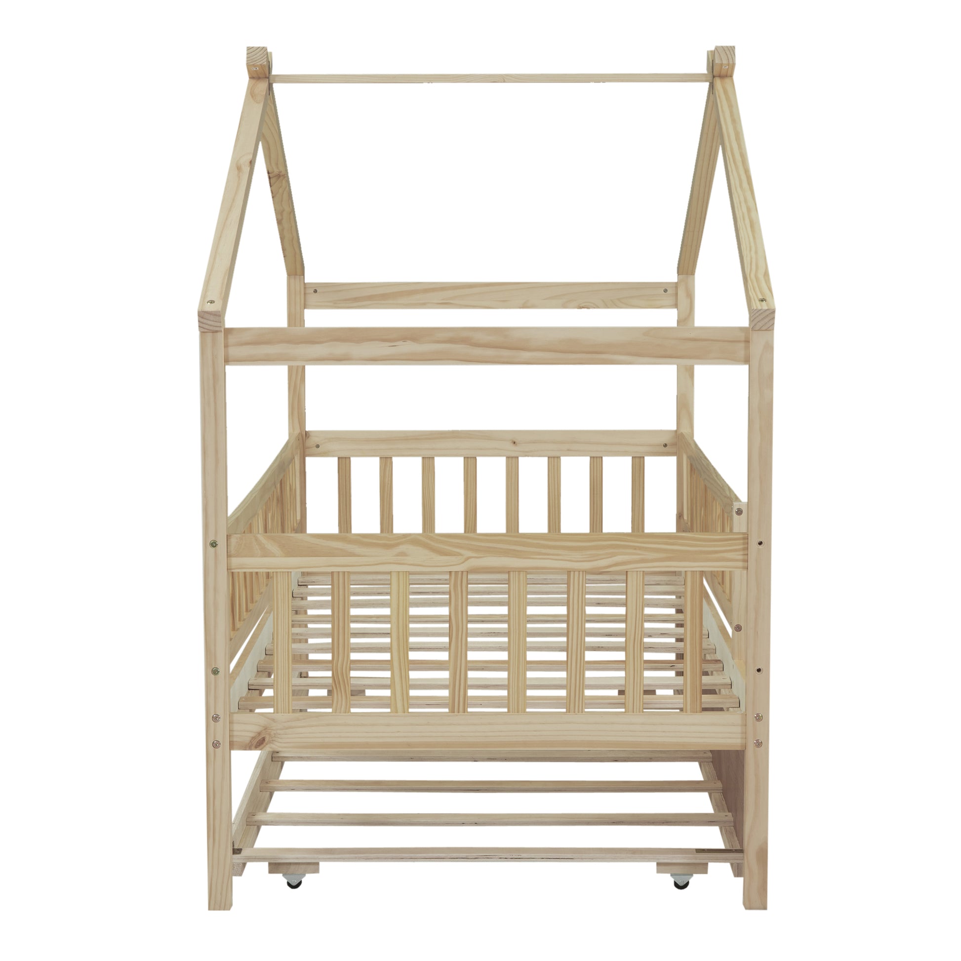 Natural wood house bed frame with slatted sides and caster wheels