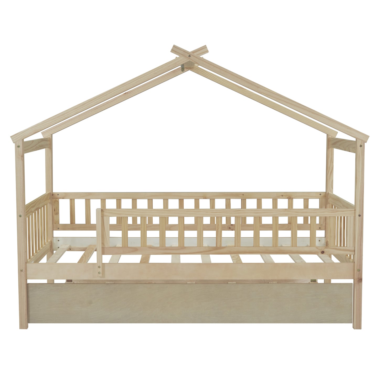 Natural wood twin house bed frame with slatted guardrails and roof structure