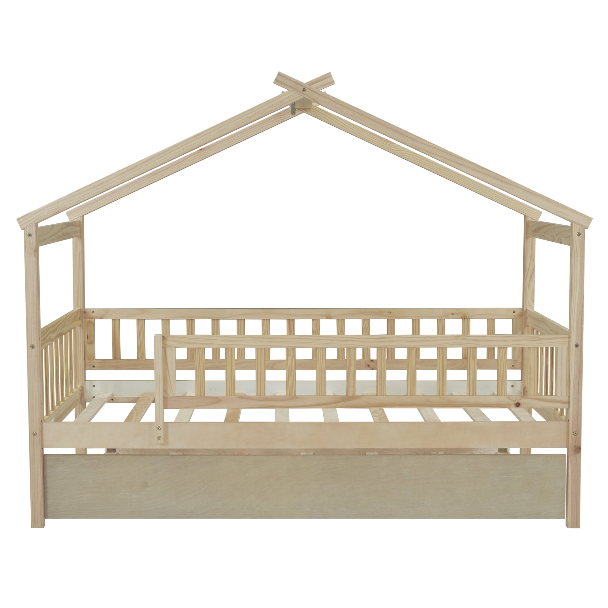 Natural wood twin house bed frame with slatted guardrails and roof structure
