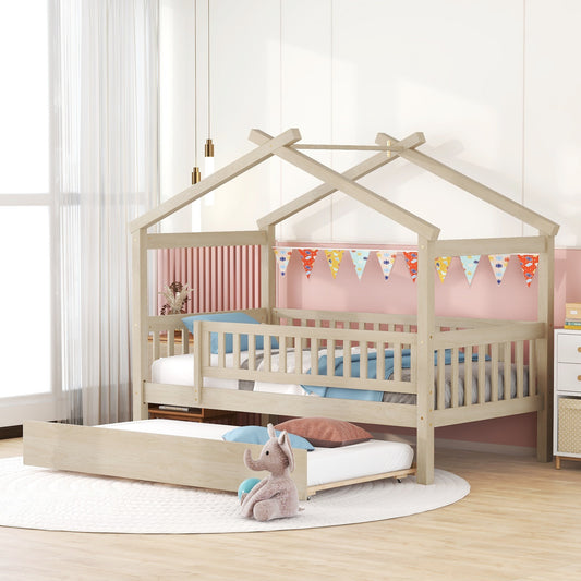 Natural wood toddler bed with pullout trundle and playful flag bunting