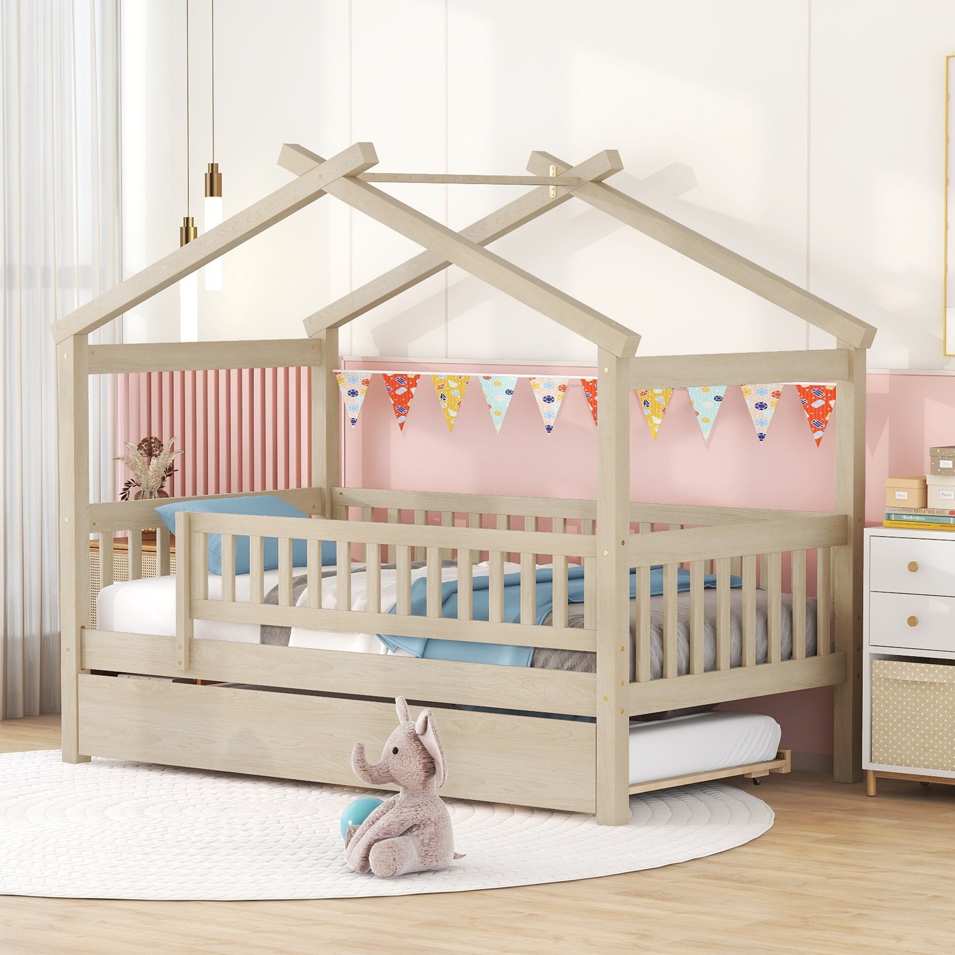 Natural wood house bed frame with pullout trundle