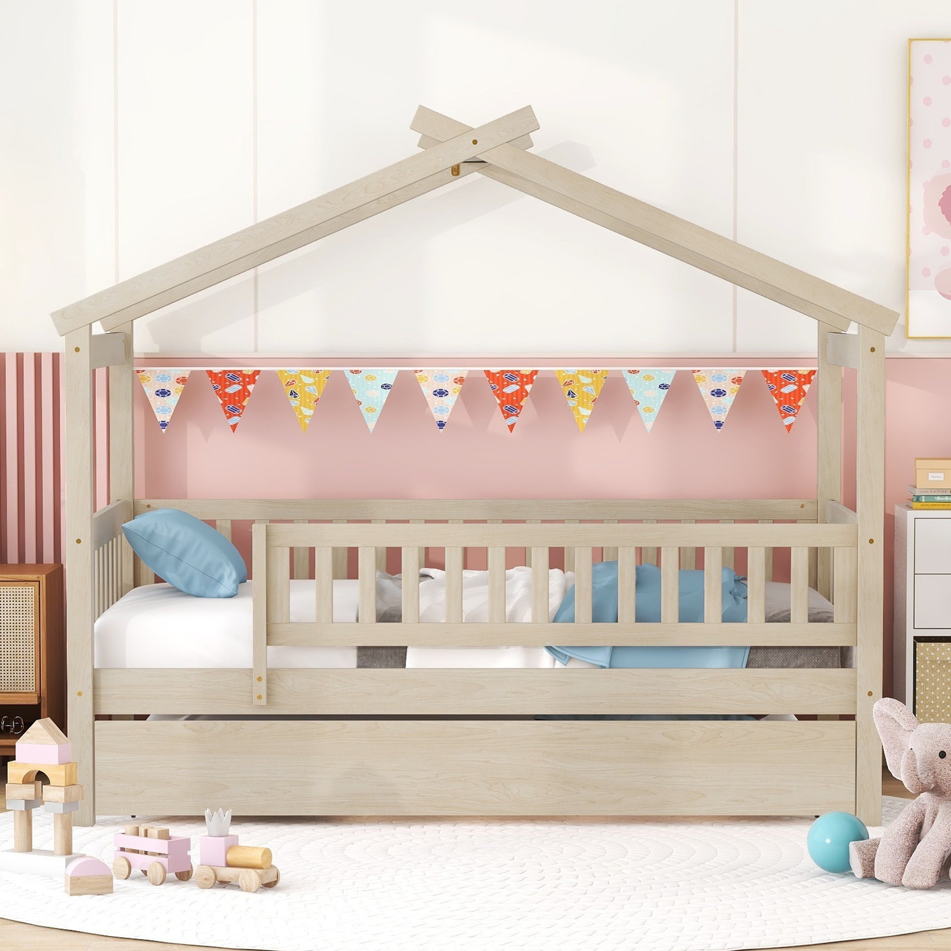 Light wood twin house bed frame with safety rails and pullout drawer