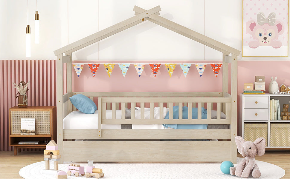 Light wood house bed frame with toddler guardrail and pullout trundle