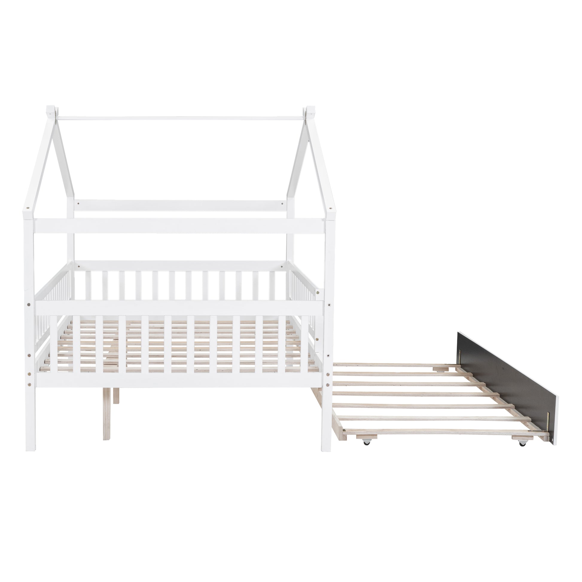 White wooden house bed frame with pullout trundle bed