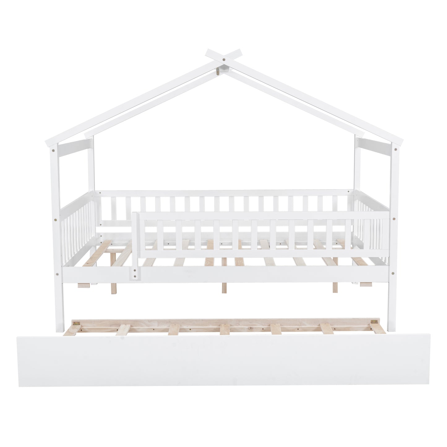White wooden twin house bed frame with side rails and open footboard