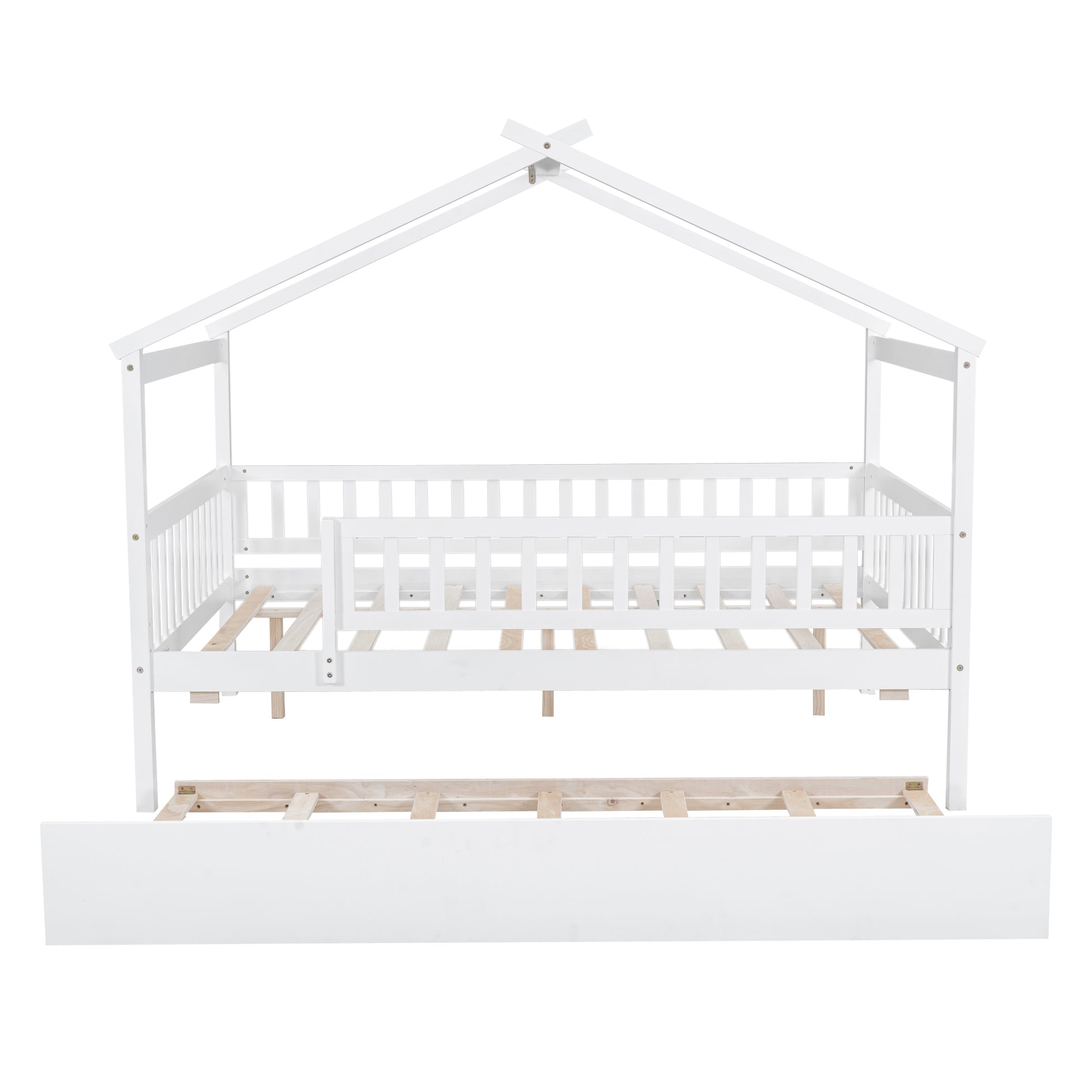 White wooden twin house bed frame with side rails and open footboard