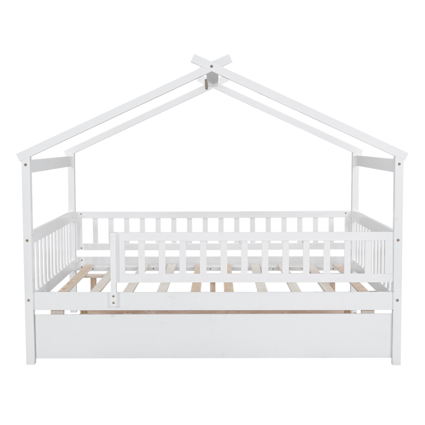 White wooden house bed frame with safety rails