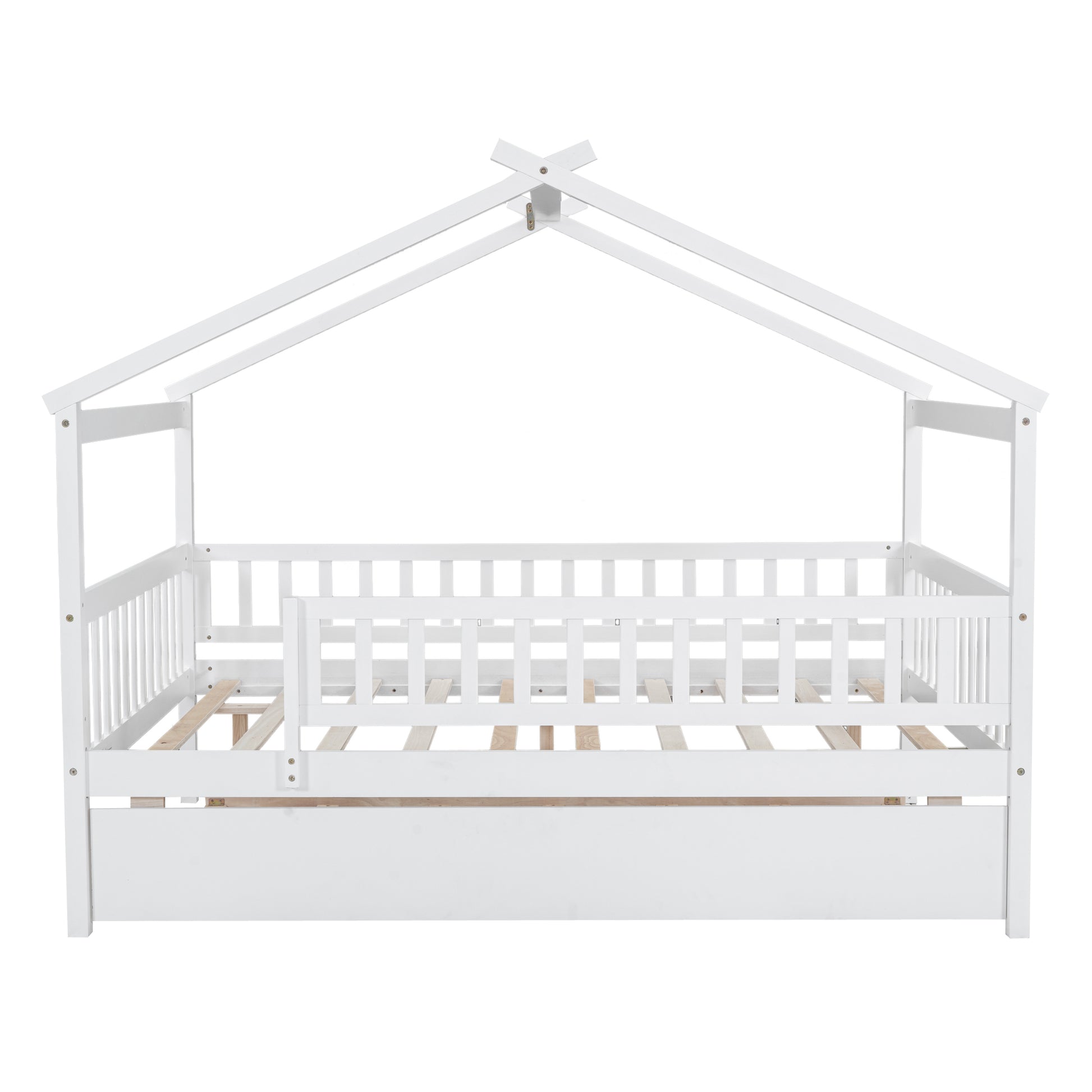 White wooden house bed frame with safety rails