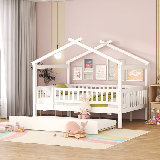 White wooden house bed frame with pullout trundle for childrens bedroom