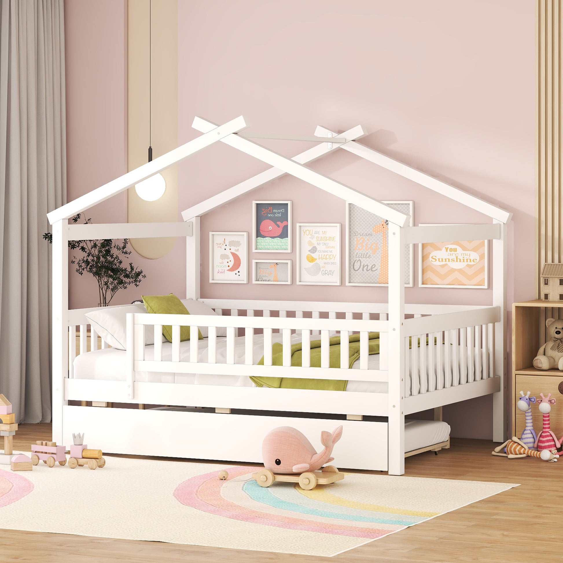 White wooden house bed frame with pullout trundle and protective rails