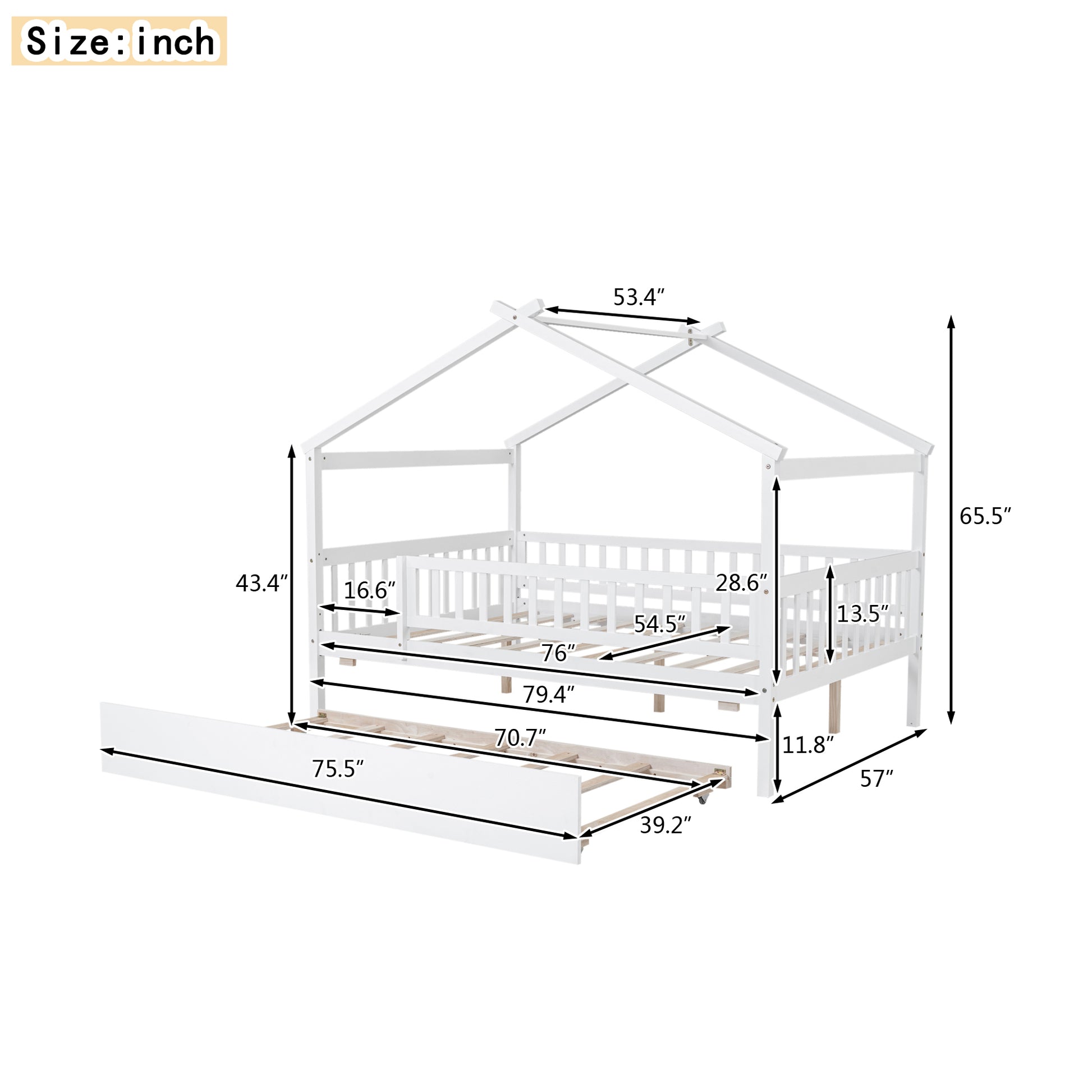 White wooden house bed frame with dimensions shown