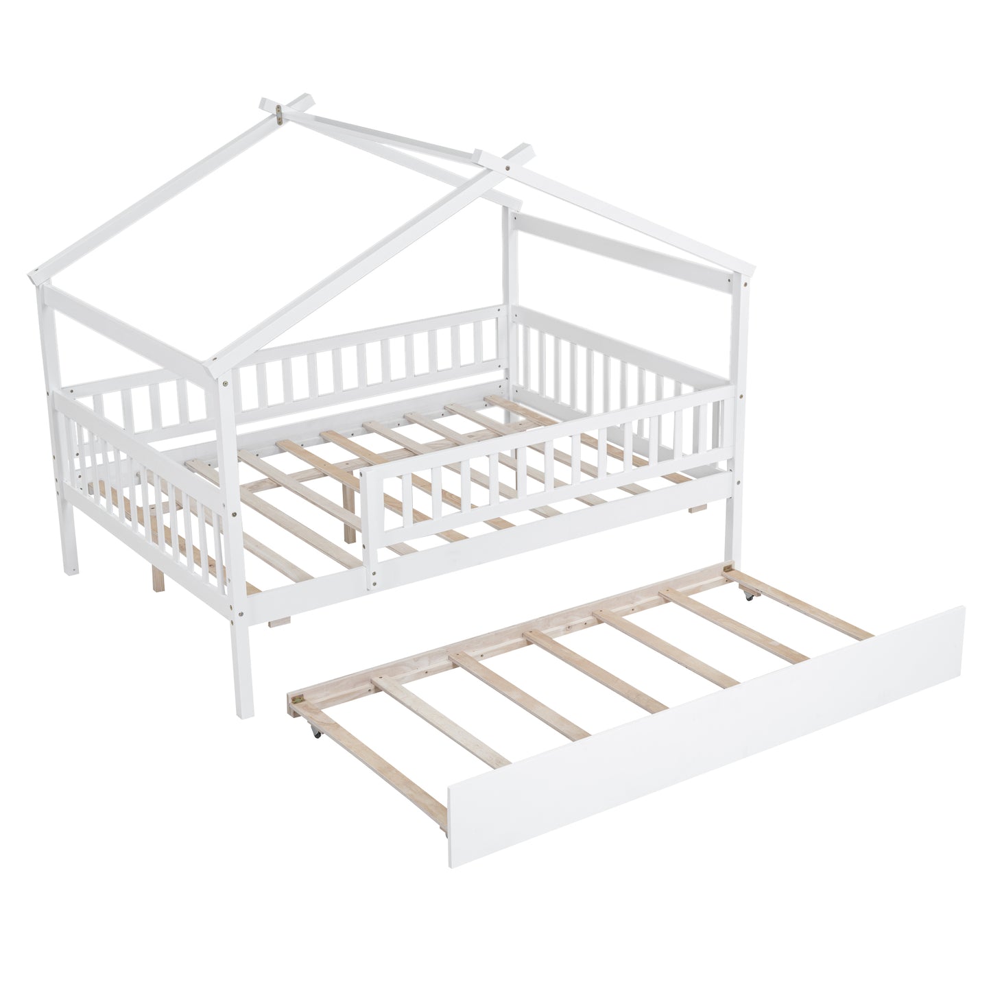 White wooden house bed frame with pullout trundle bed