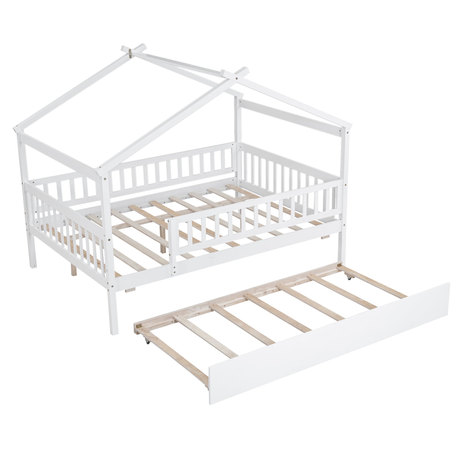 White wooden house bed frame with pullout trundle bed