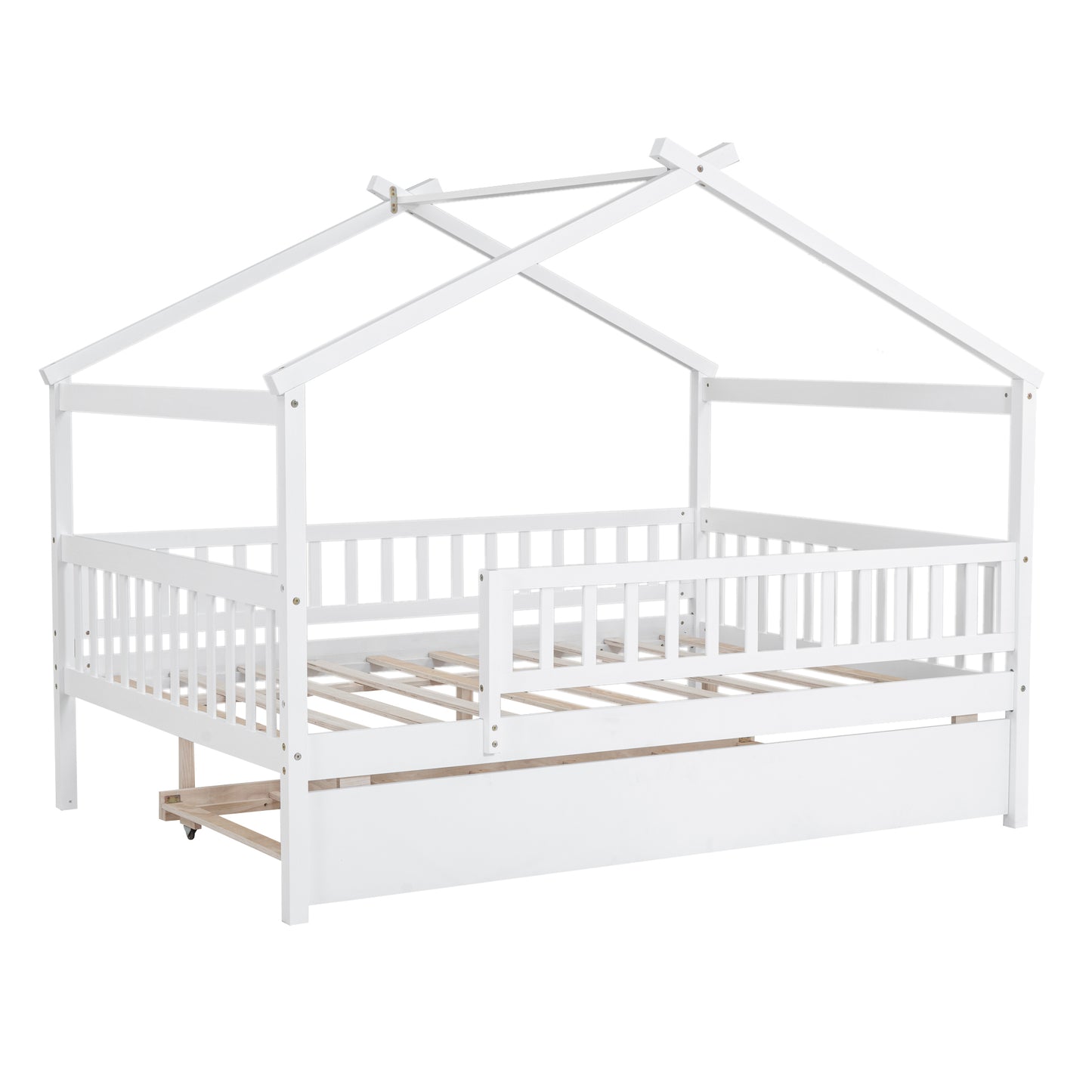White wooden twin house bed with a pullout trundle