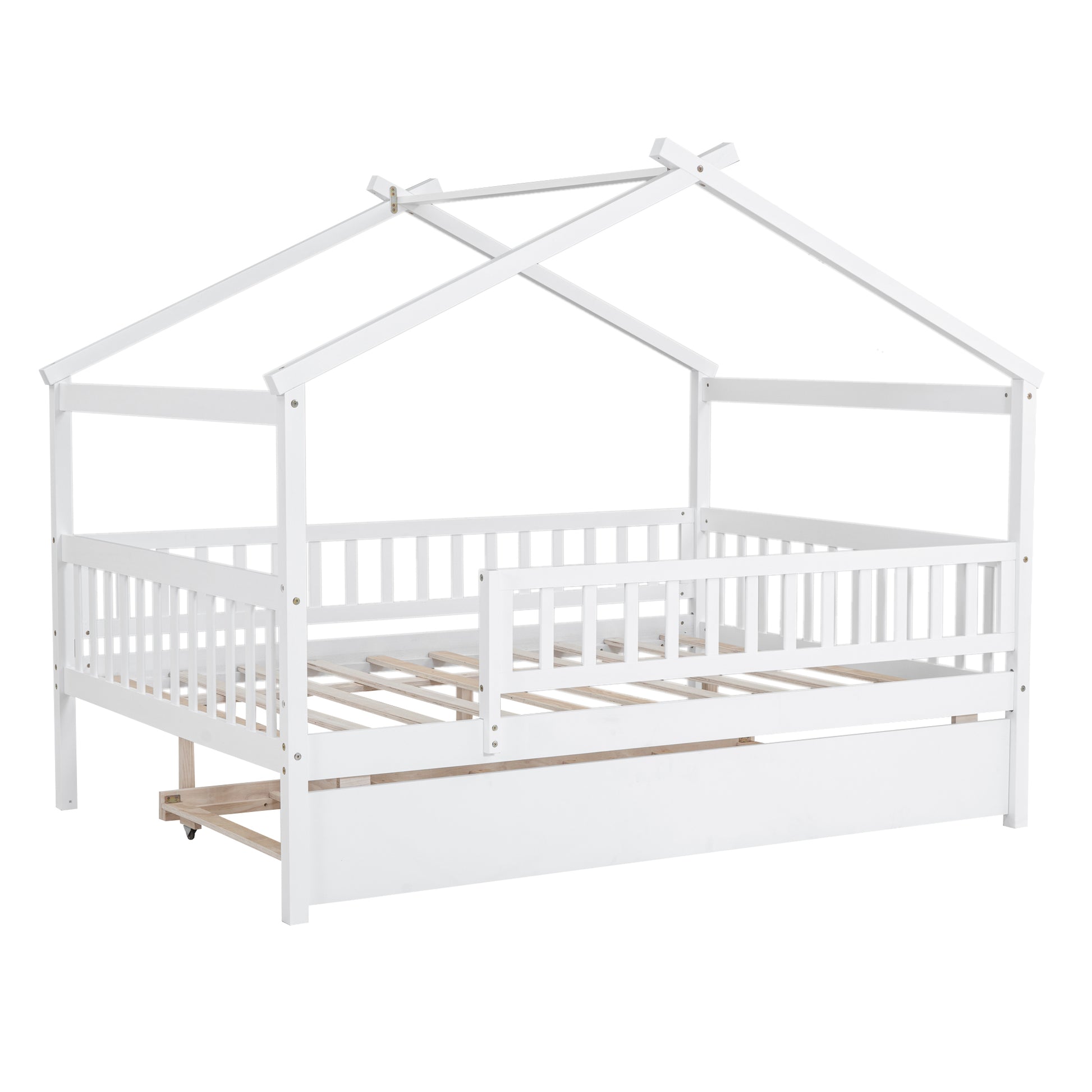 White wooden twin house bed with a pullout trundle