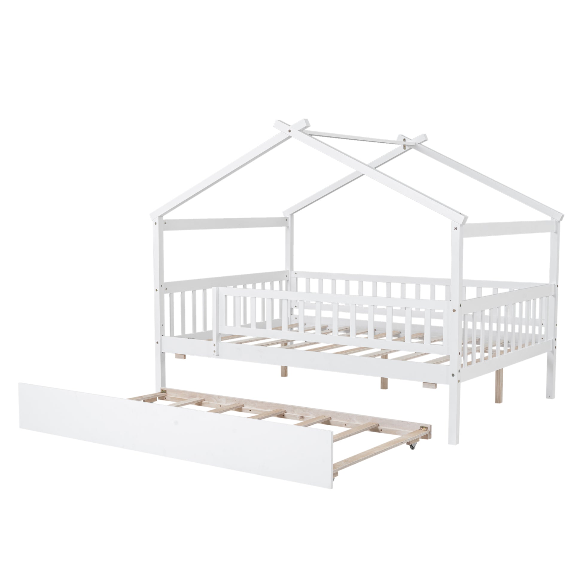 White wooden house bed frame with pullout trundle
