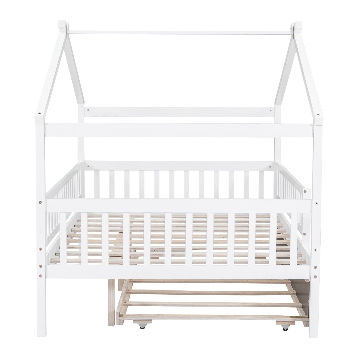 White wooden house bed frame with trundle