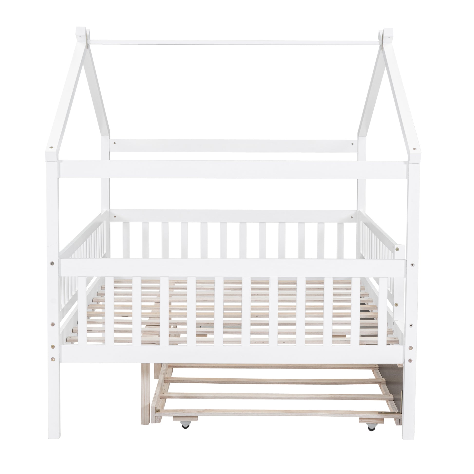 White wooden house bed frame with trundle